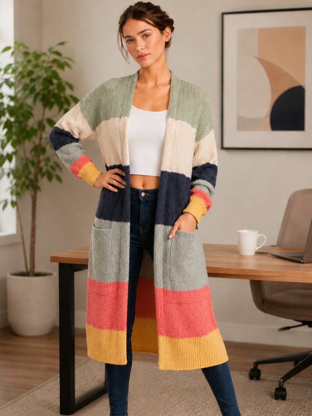 Kayla's Armour Comfy Sluchy Soft Long Sleeve Colorblock Duster Cardigan Sweater